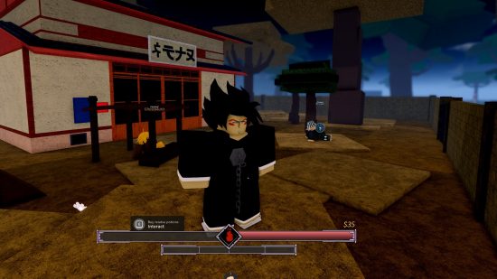 Projecy Mugetsu codes: an anime style blocky character stands outside a shop.