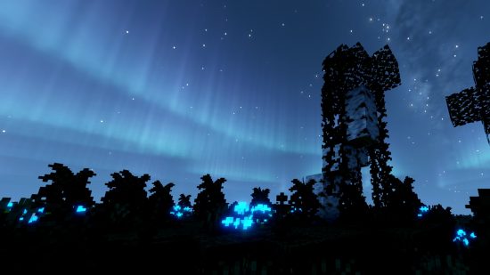 Best Minecraft shaders: aurora borealis appears in the night sky in Minecraft with Solas shaders installed.