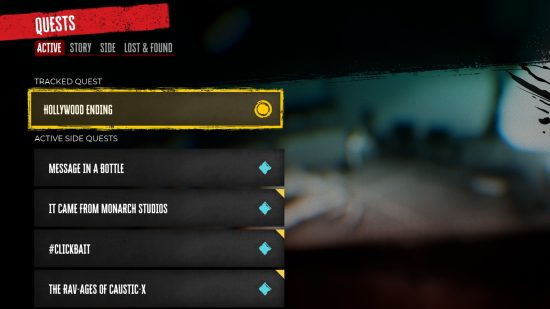 The quests screen in Dead Island 2, showing a list of both main quests and side quests.