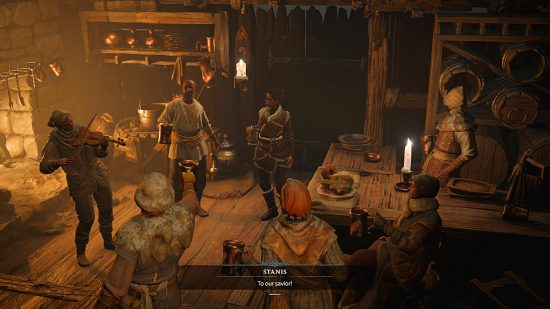 Diablo 4 Patchnotes – eine Gruppe von Dorfbewohnern schmeißt eine kleine Party in einem Haus.  Untertiteltext liest 
