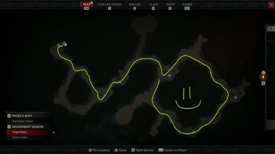 Dungeon-Neugestaltung von Diablo 4 – eine Dungeon-Karte mit einer grünen Linie, die den Weg des Spielers hindurch zeigt, und einem aufgemalten Smiley-Gesicht