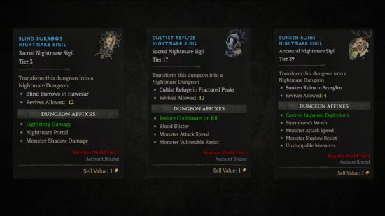 Diablo 4 Nightmare Sigils – drei Gegenstände, die verwendet werden, um einzigartige Modifikatoren auf Albtraum-Dungeons anzuwenden