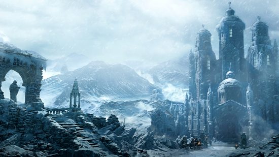 Post-Beta-Patchnotizen zu Diablo 4 – ein großes Gebäude inmitten einer verschneiten, mit Bergen übersäten Landschaft