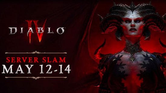 Diablo 4 Server-Slam – Bild von Lilith neben Text, der auf den Server-Stresstest vom 12. bis 14. Mai datiert