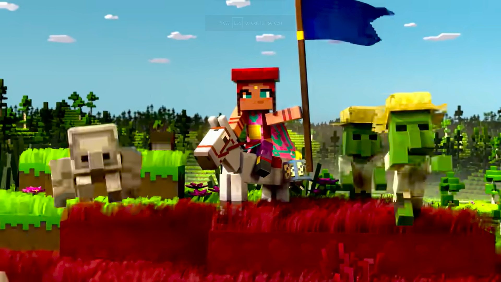 Minecraft Legends Steam Deck: Clip eines Spielers auf einem Pferd aus einem Wohnwagen, umgeben von Dorfbewohnern
