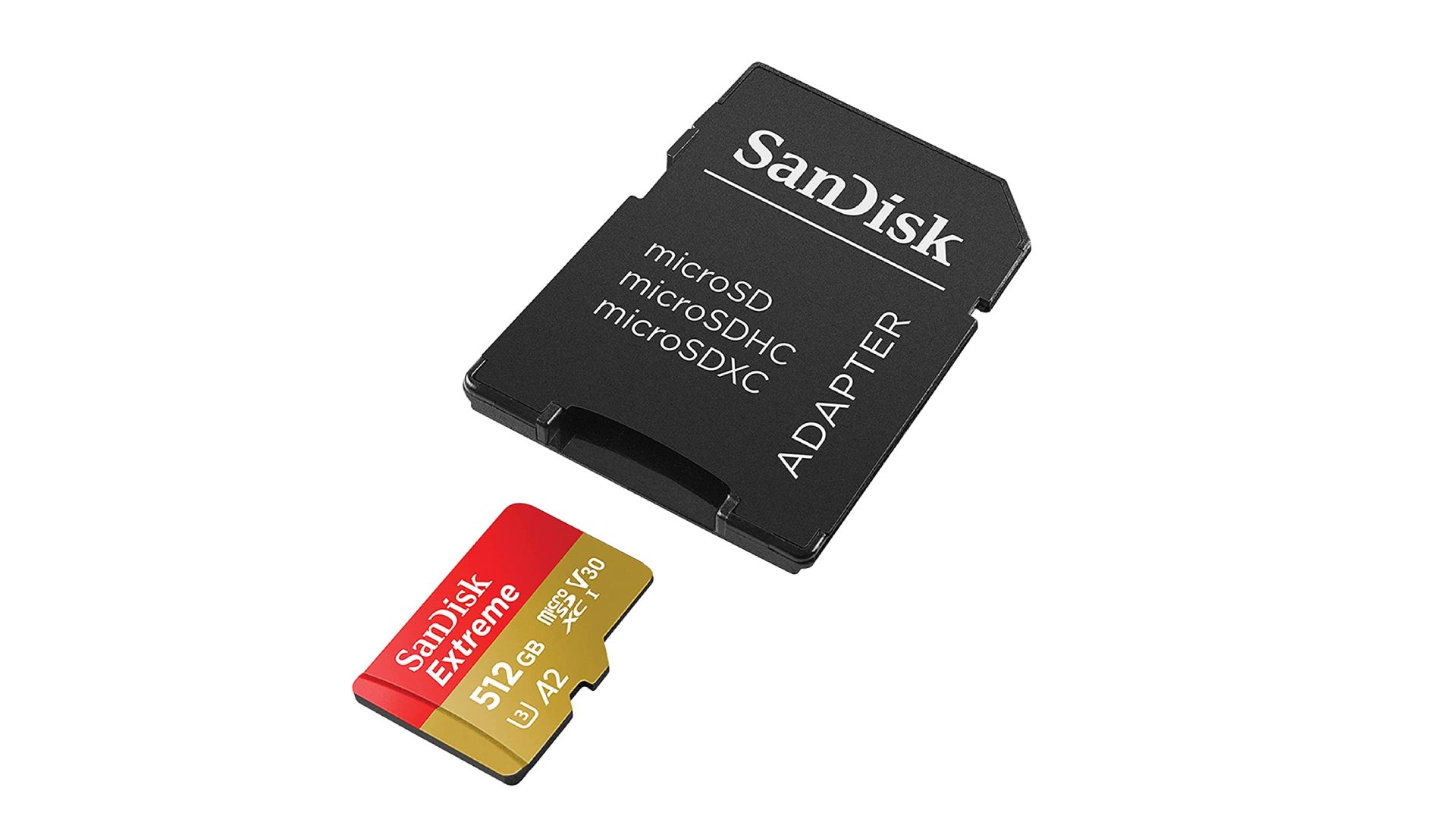 Sandisk MicroSD card and adapter on white backdrop