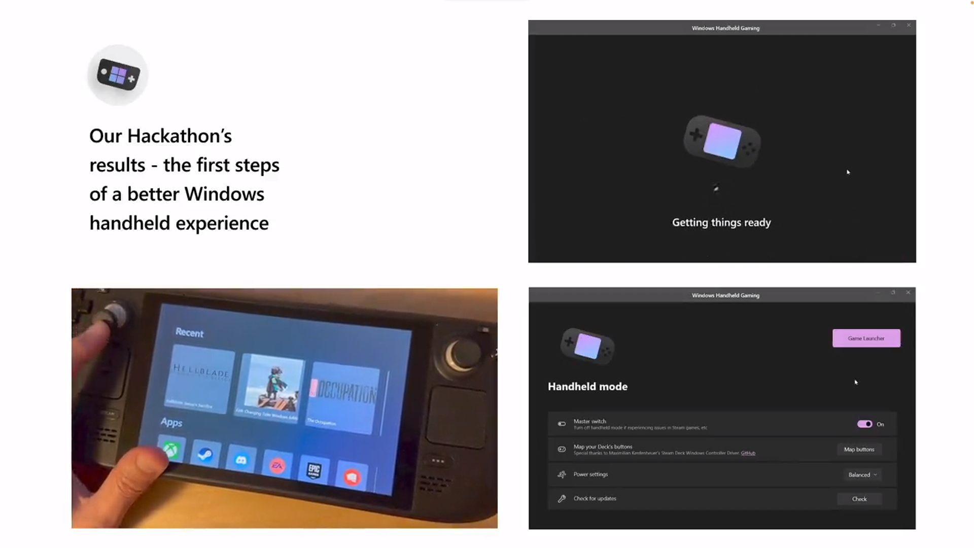 Lados filtrados de la 'concha de juego' de Windows 11 en Steam Deck con opciones de menú para el modo portátil e íconos de escaparate 