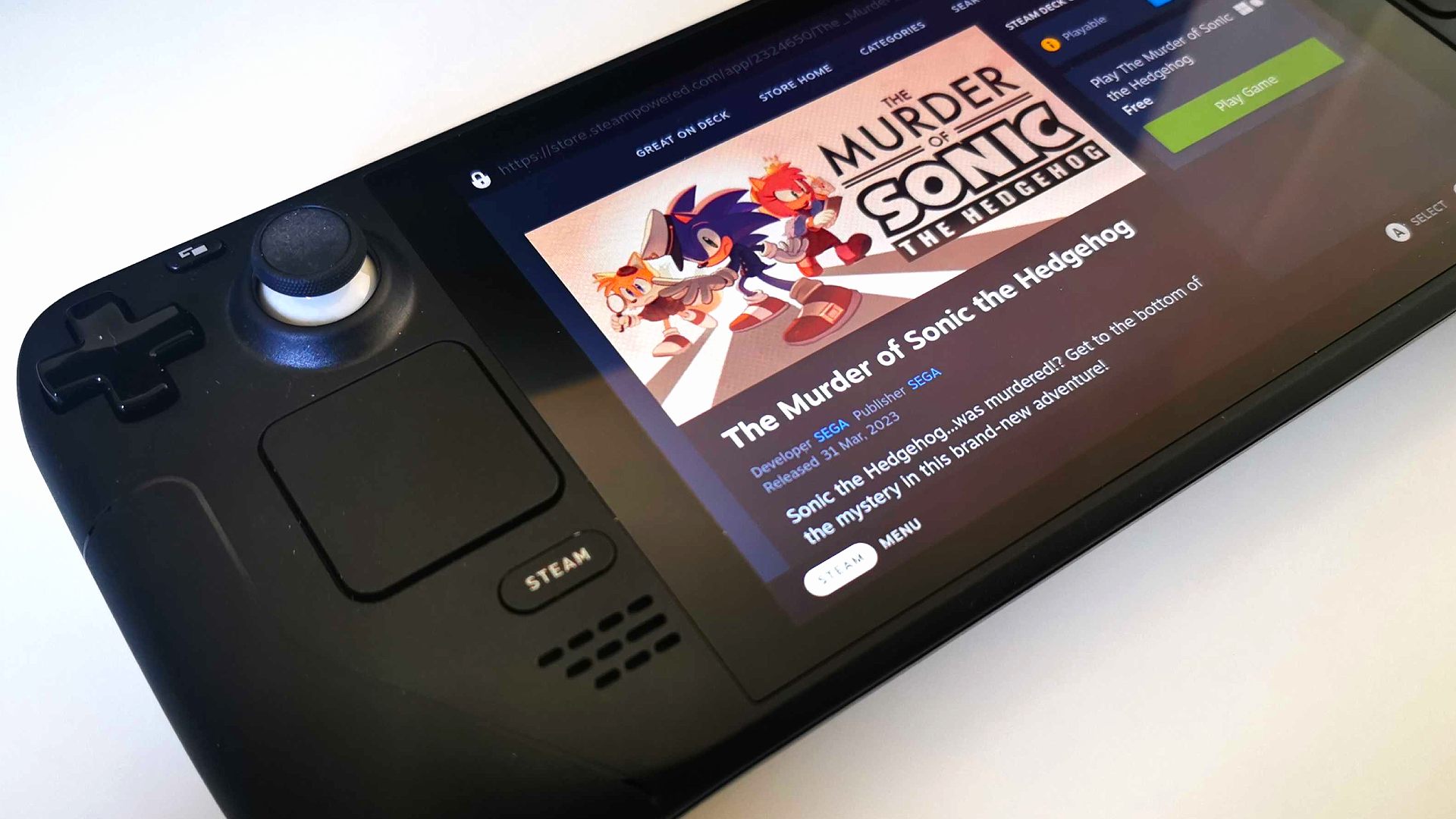 Der Mord an Sonic the Hedgehog Steam Deck: Storefront-Seite auf dem Bildschirm des Handhelds