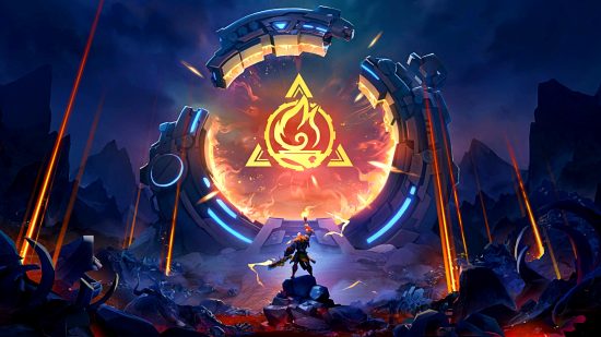 Veröffentlichungsdatum von Torchlight Infinite – Eine Figur blickt zu einem großen Tor mit einem dreieckigen Emblem auf