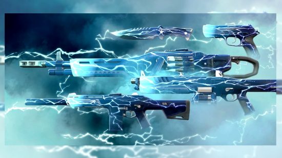 The Smite Valorant skins displayed on a blue and grey background with streaks of lightning throughout.