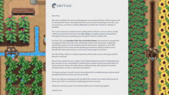 Antwort des Roots of Pacha-Herausgebers Crytivo auf den Tweet der Entwickler darüber, warum das Spiel von Steam entfernt wurde
