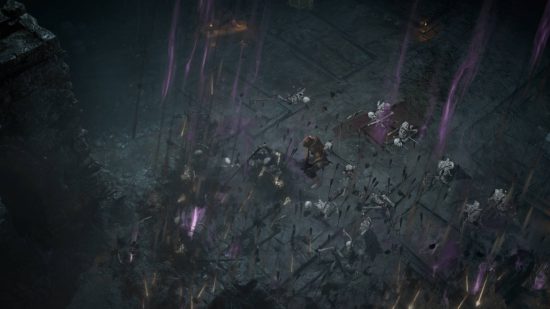 A barrage of arrows raining down on skeletons from the sky in a stony dungeon