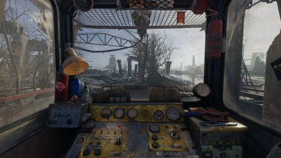 A dilapidated train cab in one of the best train games, Metro Exodus.