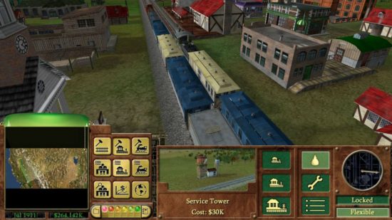 Freight carriages in a town in one of the best train games, Railroad Tycoon 3.