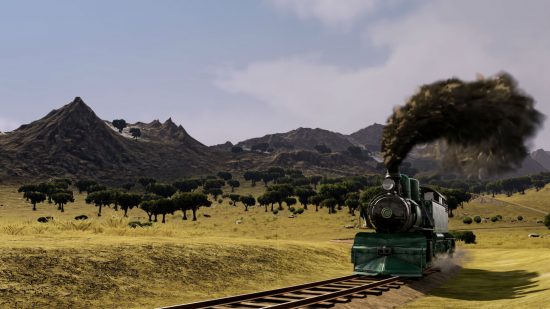 A steam train rolls through the foothills in one of the best train games, Railway Empire.