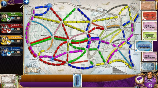 The USA is covered with multiple different train routes in one of the best train games, Ticket to Ride.