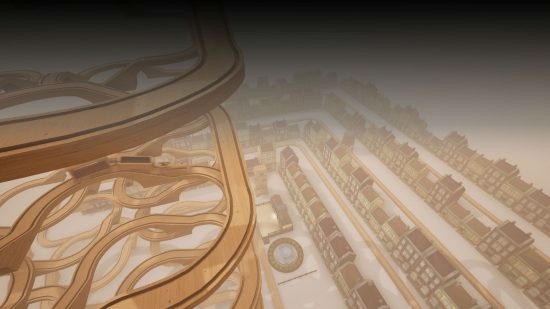 A spiralling wooden train track in one of the best train games, Tracks: The Toy Train Set Game.