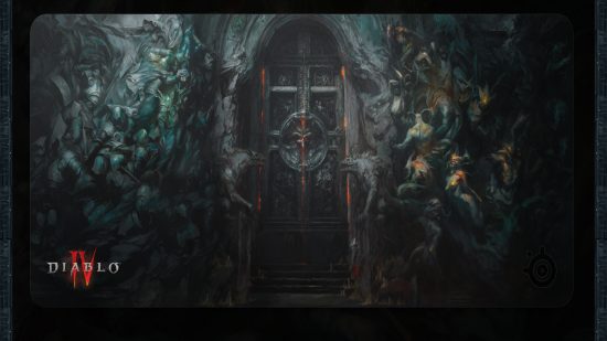 Mousepad mit Diablo 4-Szene mit höllischen Gestalten und einer großen dämonischen Tür