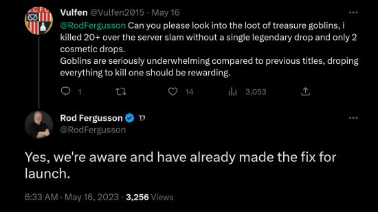 Diablo 4 Treasure Goblins – Rod Fergusson, General Manager von Diablo bei Blizzard, antwortet auf einen bestätigenden Tweet 