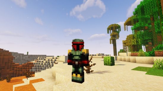 A player dressed in a Boba Fett Minecraft skin stands in the desert, between white and red sand, with a tall jungle tree in the background, surrounded by the jungles green vines.
