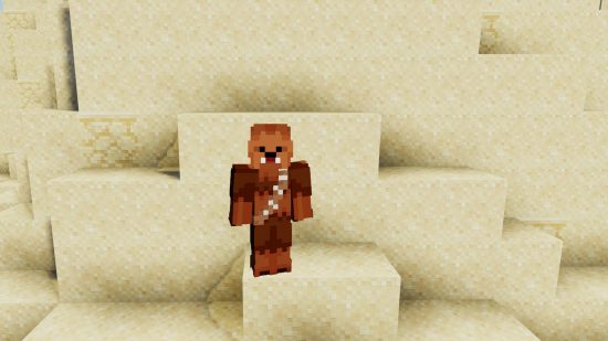 A player dressed in a Chewbacca Minecraft skin stands in the desert.