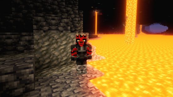 A player wearing a Darth Maul Minecraft skin stands underground, near a large lava lake.