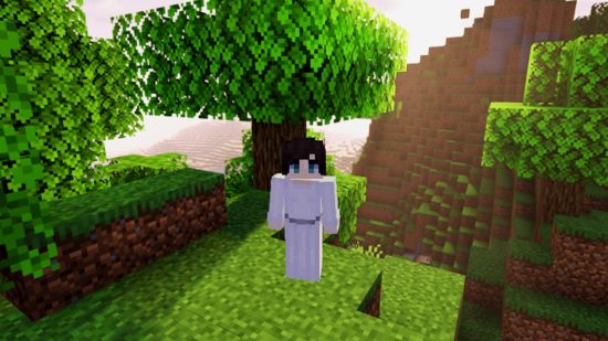 A player dressed in a Princess Leia Minecraft skin, wearing her iconic white dress and buns, stands in a forest, as the sun beats down between the trees,