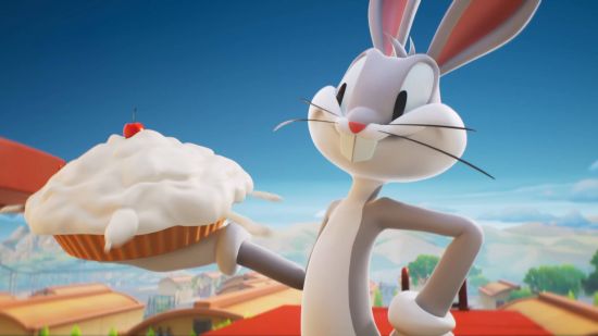 Multiversus tier list: Bugs Bunny is holding a cream pie with a cherry on top.