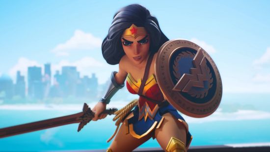 Multiversus tier list: Wonder Woman standing ready with her sword and shield.