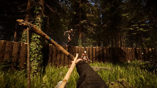 Sons of the Forest Patch 6 – Ein Spieler mit einem Bogen verteidigt eine Basis gegen zwei Kannibalen