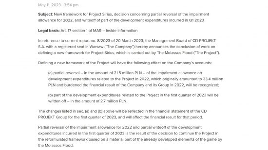 The Witcher Project Sirius – Statement an Investoren von CD Projekt Red: 
