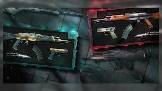 The Black.Market set of Valorant skins appear on guns, neatly sat in cases, one red, one teal.