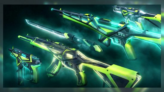 Bright green and neon aqua guns and a sword all face to the left and side of the screen, bearing the RGZ 11z Pro Valorant skins.