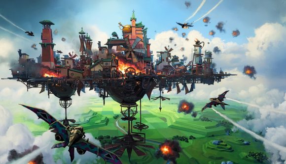 A Steampunk city built in the sky upon a large floating island