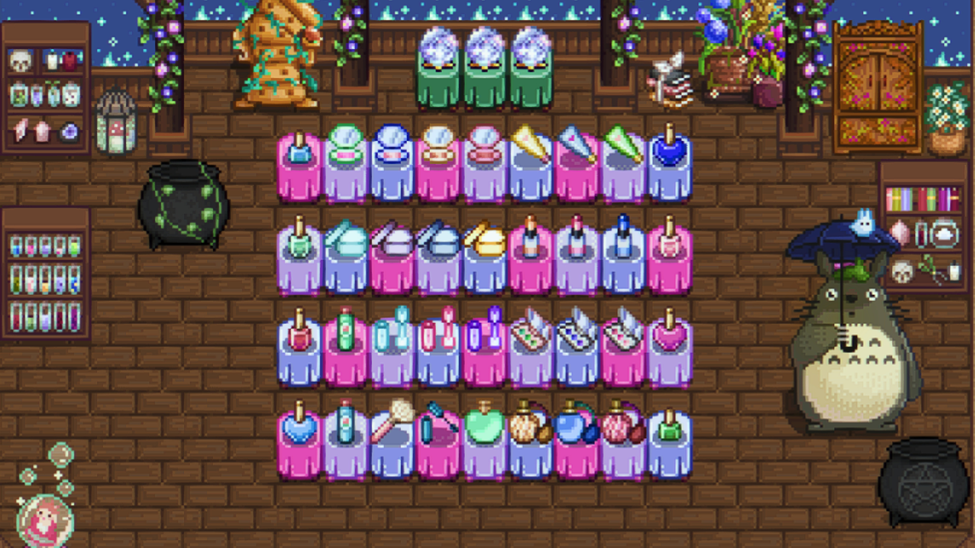 Pink and purple tables arranged to show off various goods made in the mod