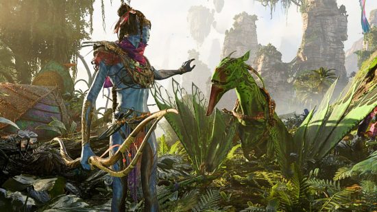 A Na'vi character from Avatar Frontiers of Pandora facing a green flying creature