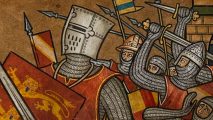 A painting of medieval knights wearing red and gold while holding swords up