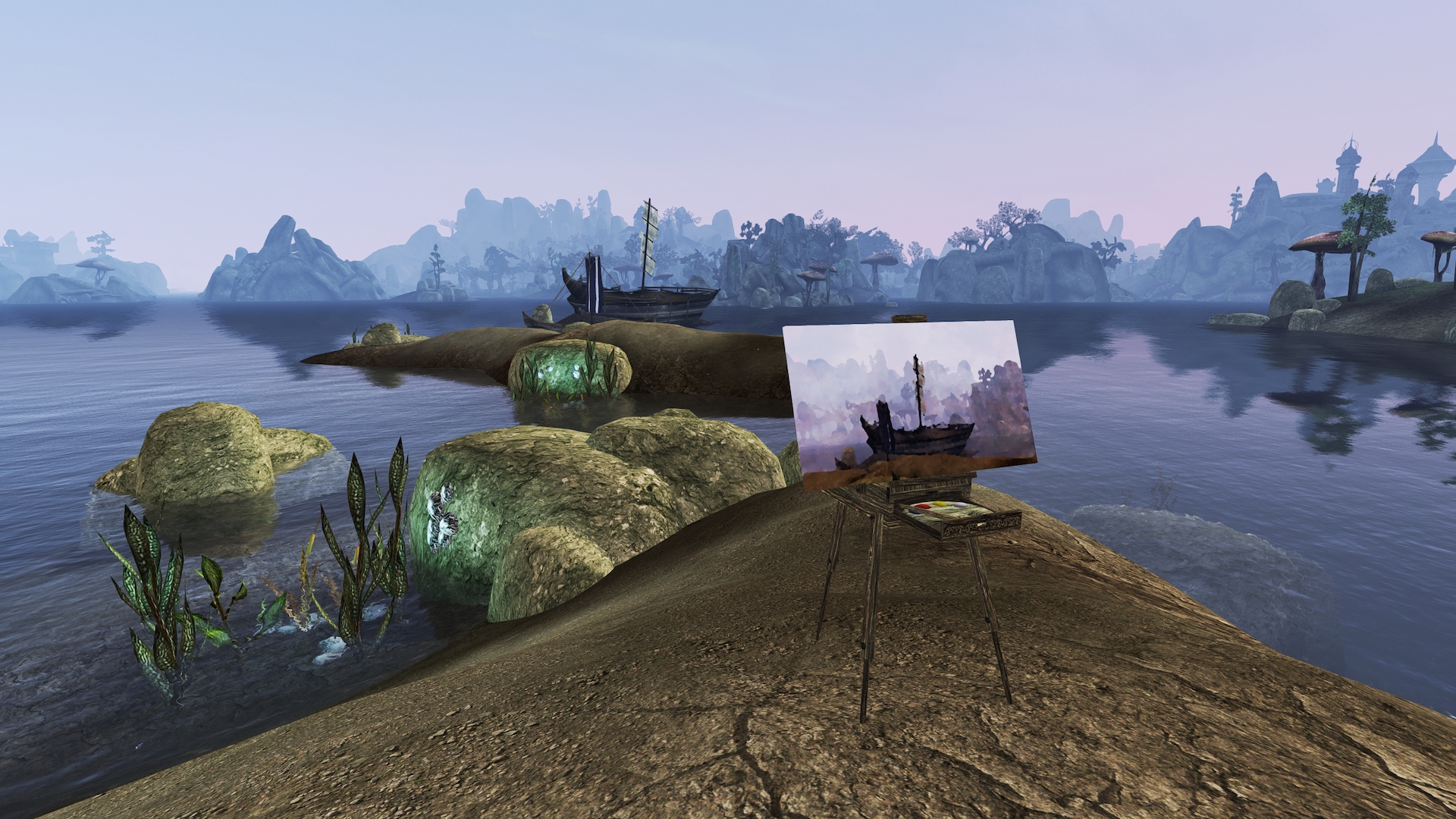 Una pintura de un bote en un muelle se sienta frente a un bote real en el agua de Morrowind