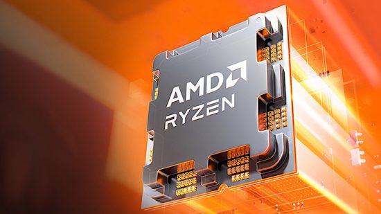 AMD Ryzen 8000: un processeur AMD Ryzen, volant sur un fond orange