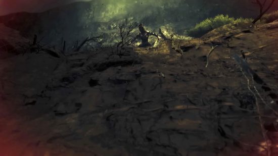 La bestia se encuentra en el borde del cráter, con las extremidades extendidas mientras ruge en uno de los finales de Amnesia The Bunker.