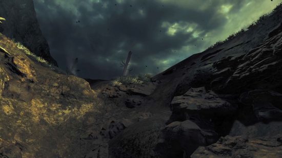 La toma final de dos de los finales de Amnesia The Bunker, que muestra haces de linterna dirigidos hacia el cráter en el que Henri ha caído.