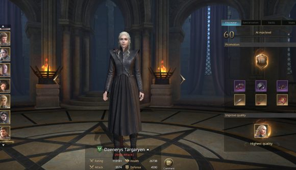 Best laptop games: Game of Thrones: Winter is Coming. Image shows a character standing in a grand hall with their stats displayed.