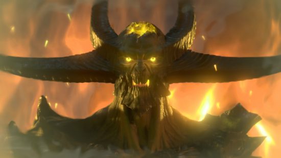 DDoS Attack: A huge demonic figure looks to the camera with glowing eyes while fire rages in the background.