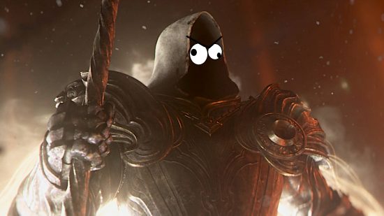 Inarius is angry that he can't get into the game because of the Diablo 4 error code 300202 on his screen. He's about to strike it with his lance.