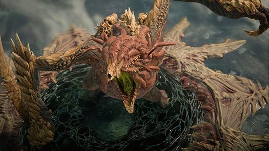 Ashava,, one of the Diablo 4 world bosses, a pestilent demon that resembles a plague-ridden dragon, vomits poison acid from its open maw.