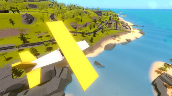 Un avión pequeño y amarillo brillante vuela sobre una isla soleada en el juego de vapor gratuito en bloque