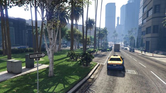 A view of a road with some cars and palm trees in the GTA V Remastered Enhanced GTA 5 mod.