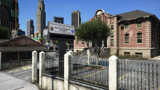 Best GTA 5 mods - a view of a digital version of the County of Los Angeles Department of Medical Examiner Coroner building.