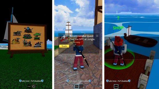 Blox Fruits beginners guide: Three screens show how to find the next quest