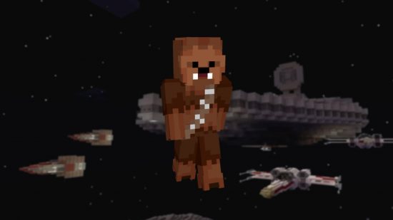 Best Minecraft sins: A Chewbacca Minecraft skin in front of the the Millennium Falcon in the Minecraft world.